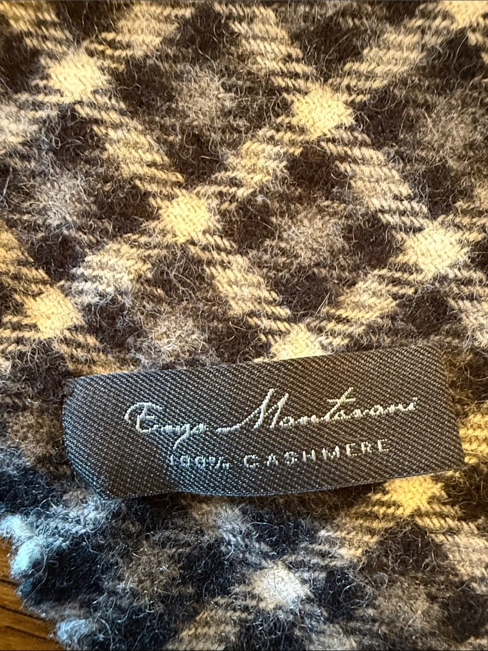 Enzo Mantovani 100% Cashmere Scarf Black Gray Plaid Fringe 63”